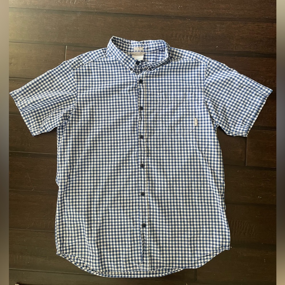 Columbia Regular Fit Men’s Shirt Large Button Up L Blue Gingham Short Sleeve EUC